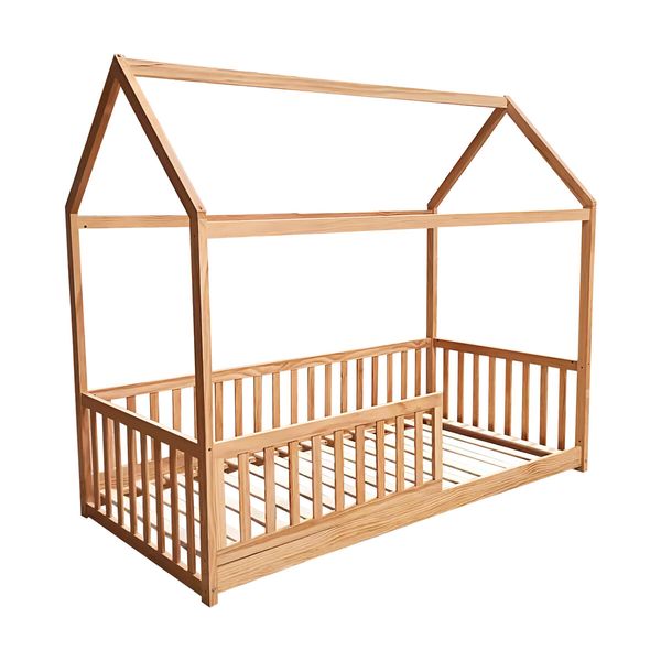 Childrens Bed Frame Single Size House Shape Floor Wooden Mattress Base Platform Foundation Bedroom Furniture with Guard Rail