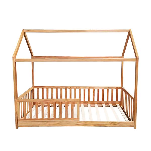 Childrens Bed Frame Single Size House Shape Floor Wooden Mattress Base Platform Foundation Bedroom Furniture with Guard Rail