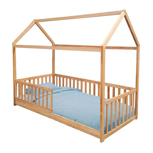 Childrens Bed Frame Single Size House Shape Floor Wooden Mattress Base Platform Foundation Bedroom Furniture with Guard Rail