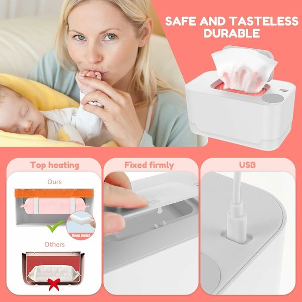 USB Powered Wipe Warmer, Wet Wipes Dispenser, Portable Thermostat Wipes Heater, Keeps Wipes Warm and Moist, Large Capacity Diaper Wipe Warmer Prevent Dry (White)