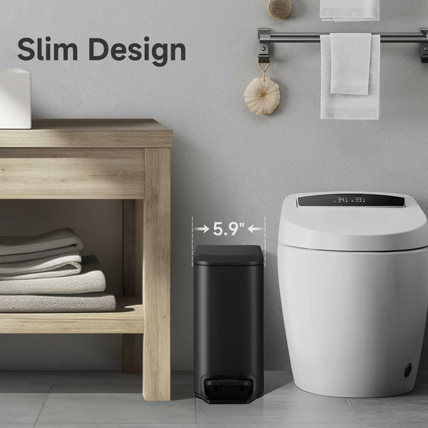 Slim Bathroom Trash Can with Lid Soft Close,6 L/1.6 Gallon Stainless Steel Garbage Can with Removable Inner Bucket,Step Pedal,Small Trash Cans for Bedroom,Office,Kitchen (Black)