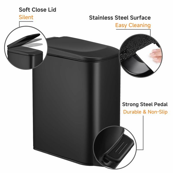 Slim Bathroom Trash Can with Lid Soft Close,6 L/1.6 Gallon Stainless Steel Garbage Can with Removable Inner Bucket,Step Pedal,Small Trash Cans for Bedroom,Office,Kitchen (Black)