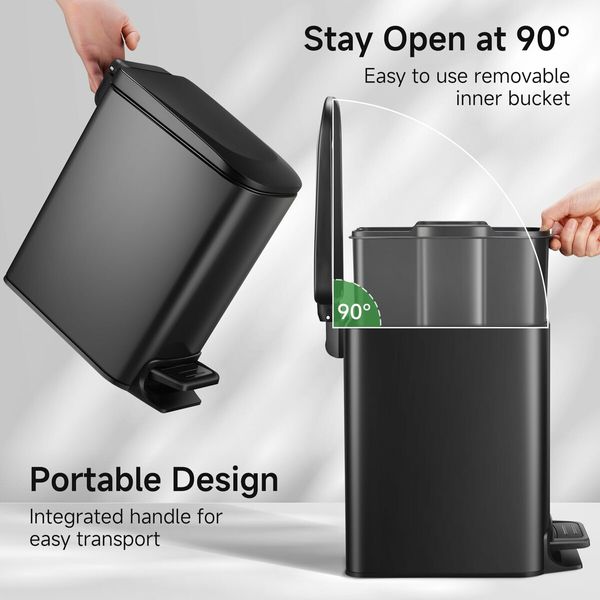 Slim Bathroom Trash Can with Lid Soft Close,6 L/1.6 Gallon Stainless Steel Garbage Can with Removable Inner Bucket,Step Pedal,Small Trash Cans for Bedroom,Office,Kitchen (Black)