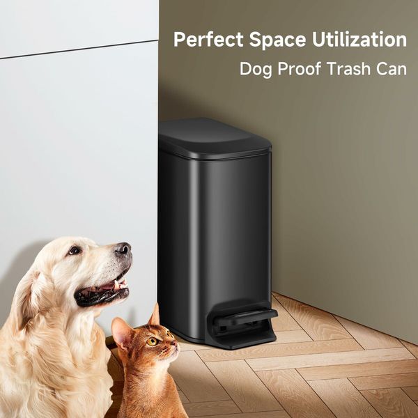 Slim Bathroom Trash Can with Lid Soft Close,6 L/1.6 Gallon Stainless Steel Garbage Can with Removable Inner Bucket,Step Pedal,Small Trash Cans for Bedroom,Office,Kitchen (Black)