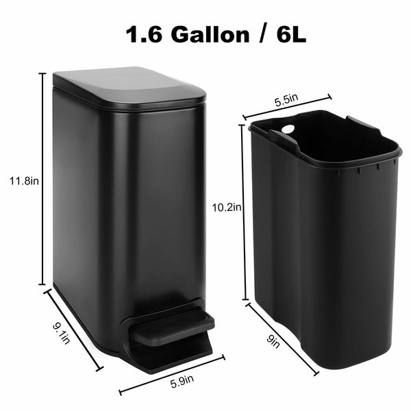 Slim Bathroom Trash Can with Lid Soft Close,6 L/1.6 Gallon Stainless Steel Garbage Can with Removable Inner Bucket,Step Pedal,Small Trash Cans for Bedroom,Office,Kitchen (Black)