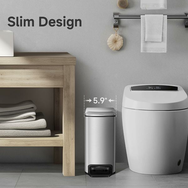 Slim Bathroom Trash Can with Lid Soft Close,6 L/1.6 Gallon Stainless Steel Garbage Can with Removable Inner Bucket,Step Pedal,Small Trash Cans for Bedroom,Office,Kitchen (Silver)