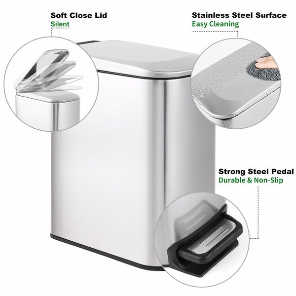 Slim Bathroom Trash Can with Lid Soft Close,6 L/1.6 Gallon Stainless Steel Garbage Can with Removable Inner Bucket,Step Pedal,Small Trash Cans for Bedroom,Office,Kitchen (Silver)