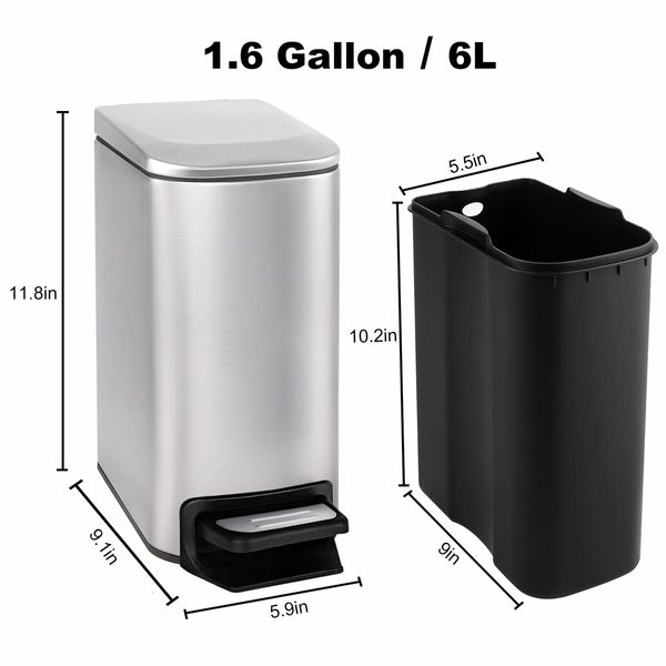 Slim Bathroom Trash Can with Lid Soft Close,6 L/1.6 Gallon Stainless Steel Garbage Can with Removable Inner Bucket,Step Pedal,Small Trash Cans for Bedroom,Office,Kitchen (Silver)