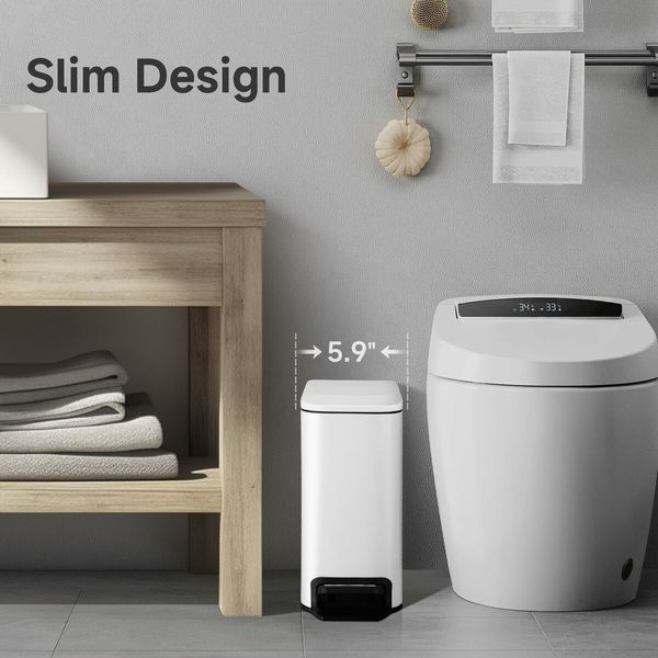 Slim Bathroom Trash Can with Lid Soft Close,6 L/1.6 Gallon Stainless Steel Garbage Can with Removable Inner Bucket,Step Pedal,Small Trash Cans for Bedroom,Office,Kitchen (White)