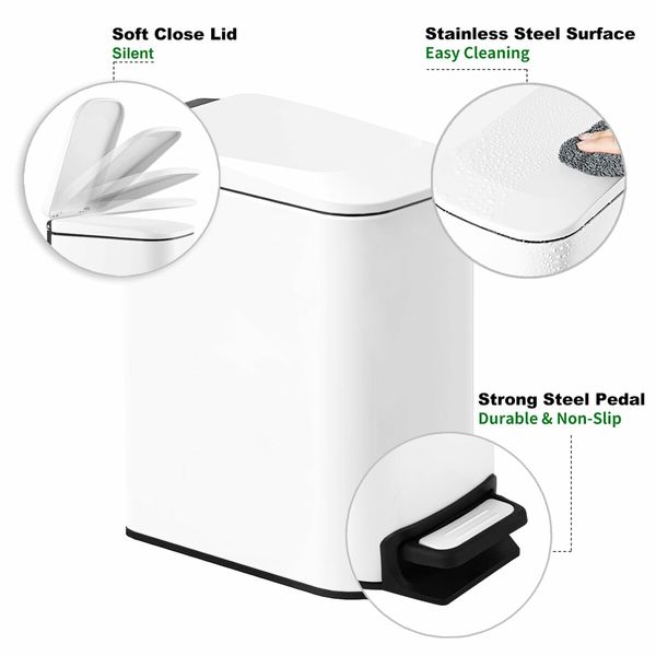 Slim Bathroom Trash Can with Lid Soft Close,6 L/1.6 Gallon Stainless Steel Garbage Can with Removable Inner Bucket,Step Pedal,Small Trash Cans for Bedroom,Office,Kitchen (White)