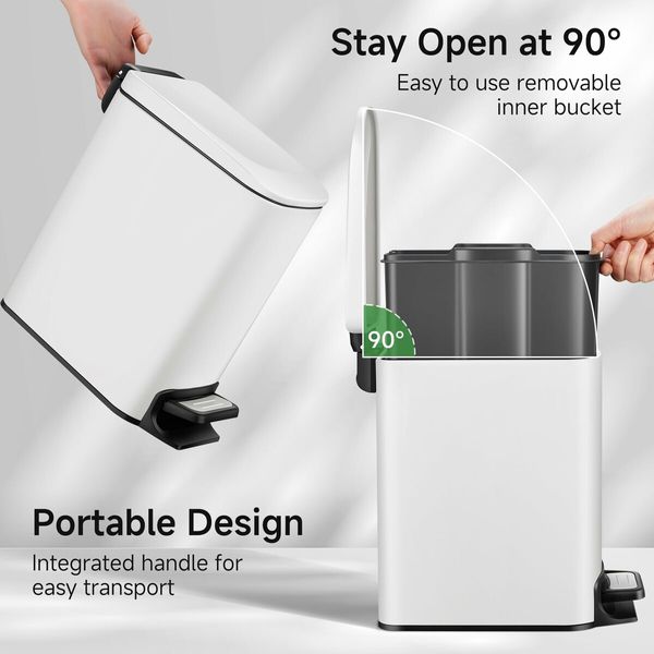 Slim Bathroom Trash Can with Lid Soft Close,6 L/1.6 Gallon Stainless Steel Garbage Can with Removable Inner Bucket,Step Pedal,Small Trash Cans for Bedroom,Office,Kitchen (White)