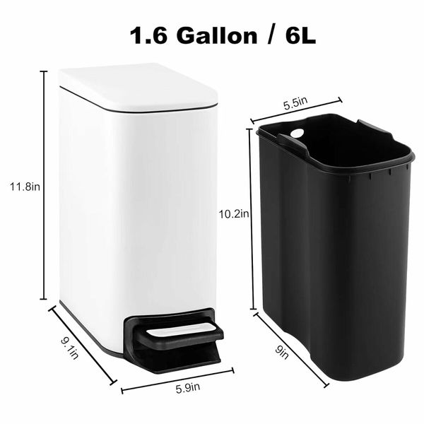 Slim Bathroom Trash Can with Lid Soft Close,6 L/1.6 Gallon Stainless Steel Garbage Can with Removable Inner Bucket,Step Pedal,Small Trash Cans for Bedroom,Office,Kitchen (White)