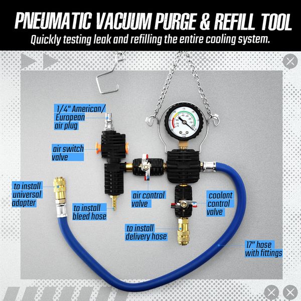 Coolant System Refiller Kit Car Cooling Pneumatic Vacuum Purge Radiator Filling Hose Tool Set Universal Leak Tester Adapter