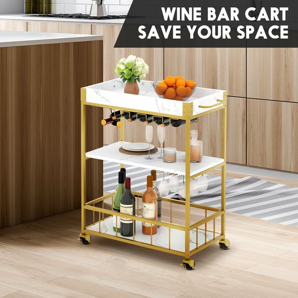 Mobile Bar Cart Drinks Rolling Kitchen Trolley Wine Rack Glass Holder Bottle Microwave Outdoor Storage Shelf with Handles