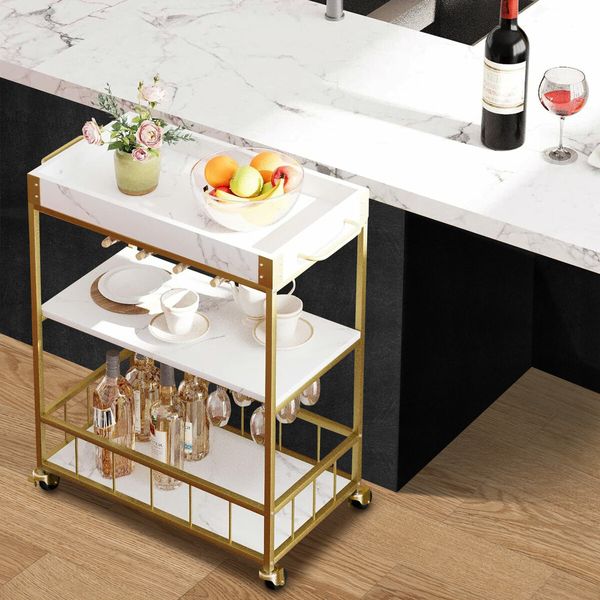 Mobile Bar Cart Drinks Rolling Kitchen Trolley Wine Rack Glass Holder Bottle Microwave Outdoor Storage Shelf with Handles