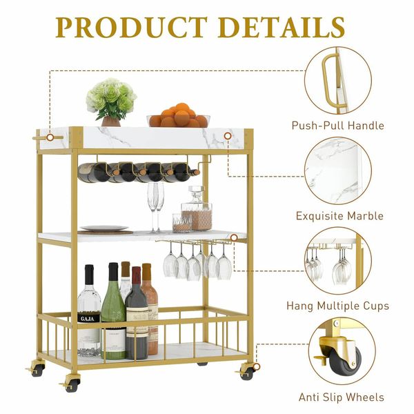 Mobile Bar Cart Drinks Rolling Kitchen Trolley Wine Rack Glass Holder Bottle Microwave Outdoor Storage Shelf with Handles