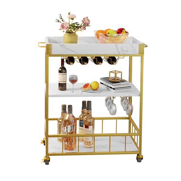 Mobile Bar Cart Drinks Rolling Kitchen Trolley Wine Rack Glass Holder Bottle Microwave Outdoor Storage Shelf with Handles