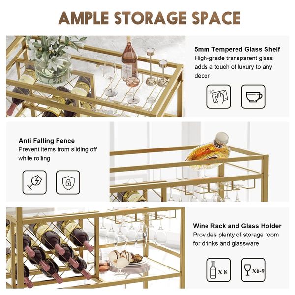 Gold Bar Cart Drinks Trolley Coffee Tea Serving Wine Rack Glass Holder Kitchen Storage Curtain Wall Mirror Shelves