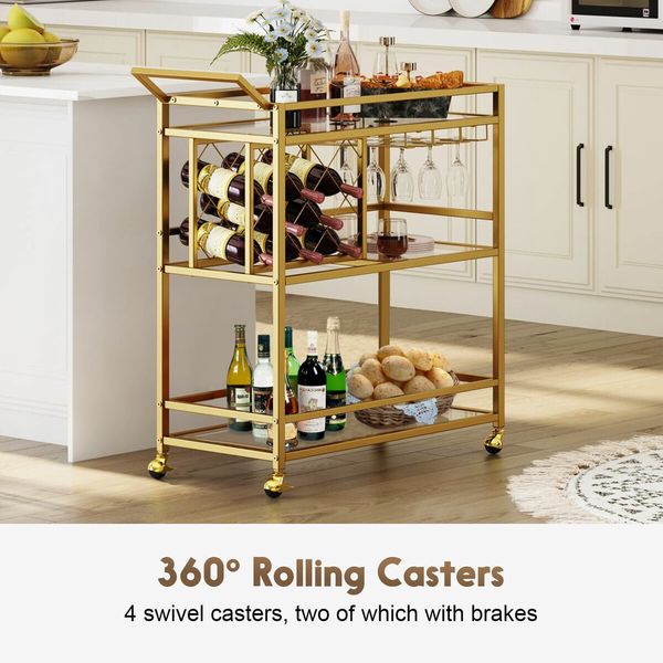 Gold Bar Cart Drinks Trolley Coffee Tea Serving Wine Rack Glass Holder Kitchen Storage Curtain Wall Mirror Shelves