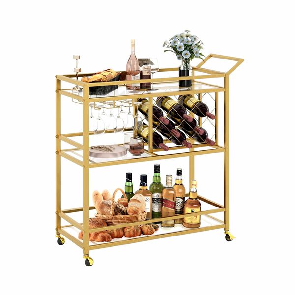 Gold Bar Cart Drinks Trolley Coffee Tea Serving Wine Rack Glass Holder Kitchen Storage Curtain Wall Mirror Shelves