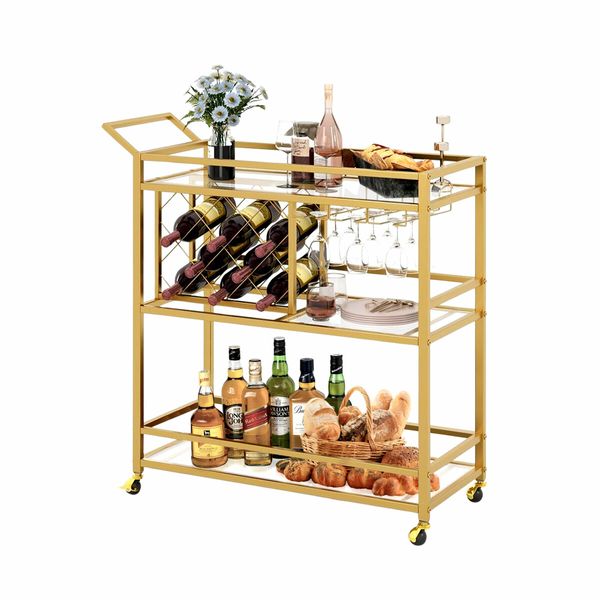 Gold Bar Cart Drinks Trolley Coffee Tea Serving Wine Rack Glass Holder Kitchen Storage Curtain Wall Mirror Shelves