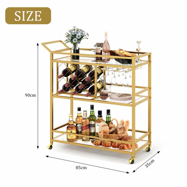 Gold Bar Cart Drinks Trolley Coffee Tea Serving Wine Rack Glass Holder Kitchen Storage Curtain Wall Mirror Shelves