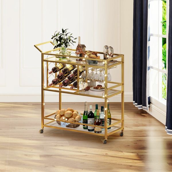 Gold Bar Cart Drinks Trolley Coffee Tea Serving Wine Rack Glass Holder Kitchen Storage Curtain Wall Mirror Shelves