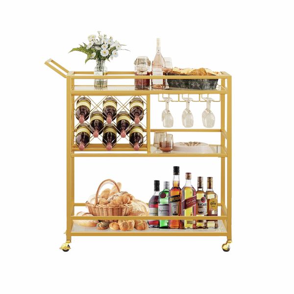 Gold Bar Cart Drinks Trolley Coffee Tea Serving Wine Rack Glass Holder Kitchen Storage Curtain Wall Mirror Shelves