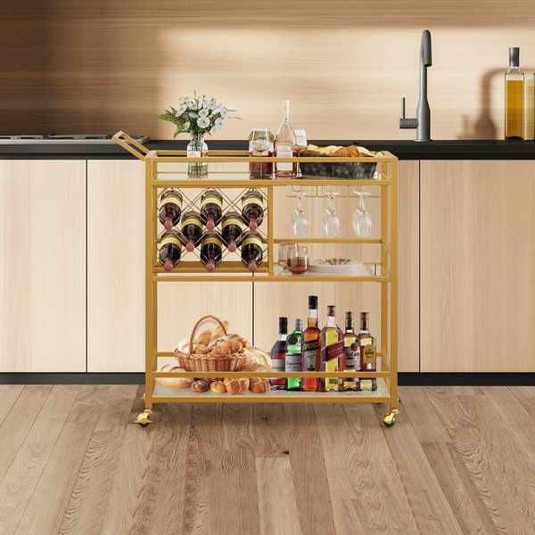 Gold Bar Cart Drinks Trolley Coffee Tea Serving Wine Rack Glass Holder Kitchen Storage Curtain Wall Mirror Shelves