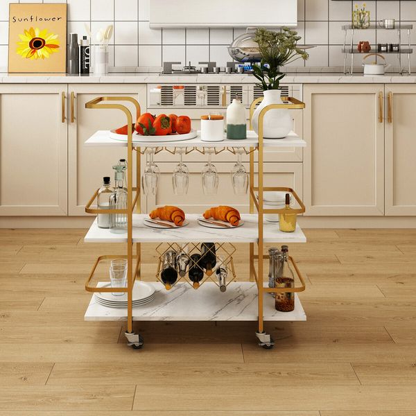 3-Tier Bar Cart Rolling Serving Drinks Tea Coffee Wine Rack Glass Holder Mobile Trolley Outdoor Kitchen Storage Shelves