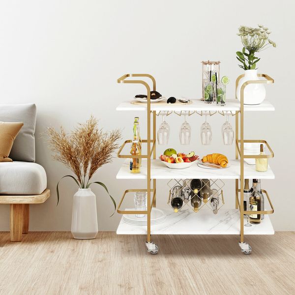 3-Tier Bar Cart Rolling Serving Drinks Tea Coffee Wine Rack Glass Holder Mobile Trolley Outdoor Kitchen Storage Shelves