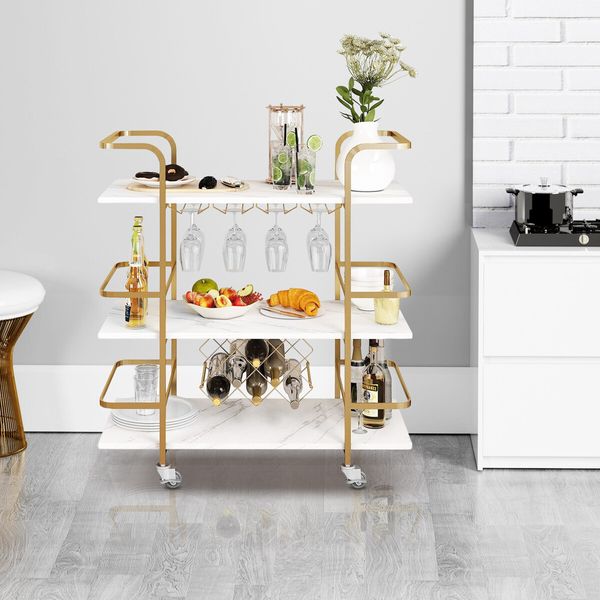 3-Tier Bar Cart Rolling Serving Drinks Tea Coffee Wine Rack Glass Holder Mobile Trolley Outdoor Kitchen Storage Shelves