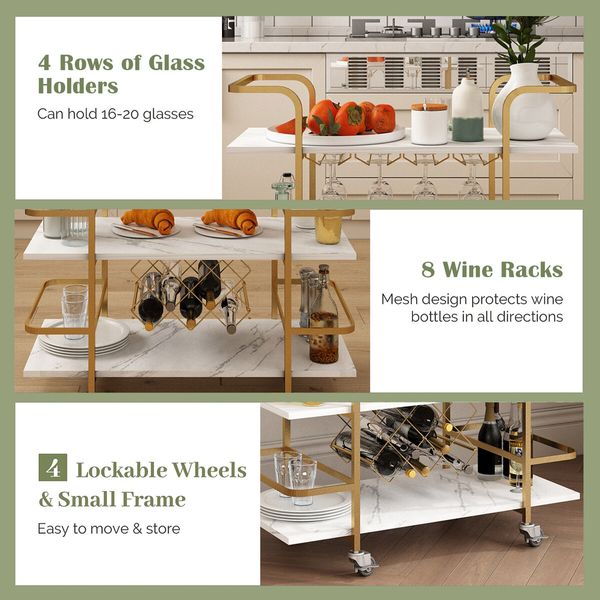 3-Tier Bar Cart Rolling Serving Drinks Tea Coffee Wine Rack Glass Holder Mobile Trolley Outdoor Kitchen Storage Shelves