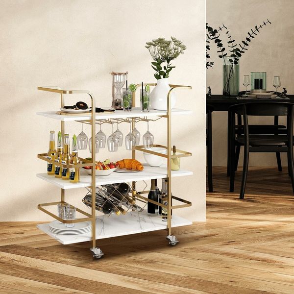 3-Tier Bar Cart Rolling Serving Drinks Tea Coffee Wine Rack Glass Holder Mobile Trolley Outdoor Kitchen Storage Shelves