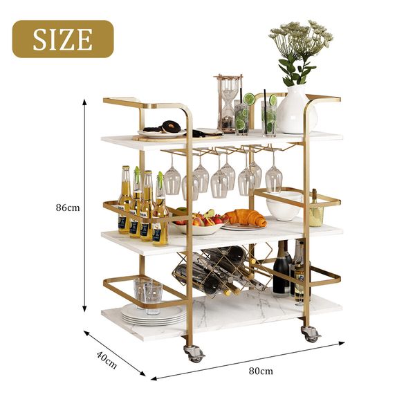 3-Tier Bar Cart Rolling Serving Drinks Tea Coffee Wine Rack Glass Holder Mobile Trolley Outdoor Kitchen Storage Shelves