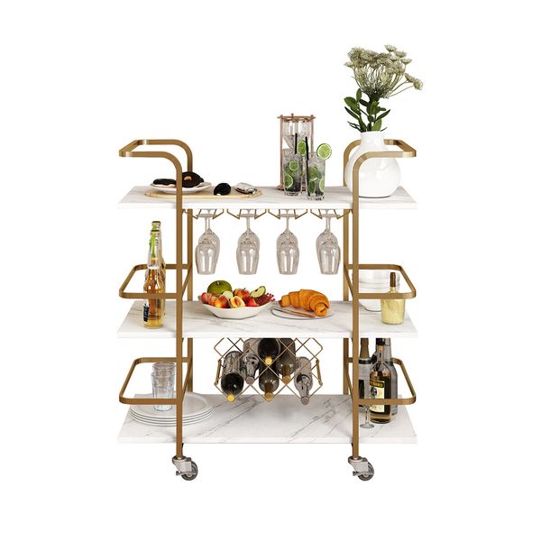 3-Tier Bar Cart Rolling Serving Drinks Tea Coffee Wine Rack Glass Holder Mobile Trolley Outdoor Kitchen Storage Shelves