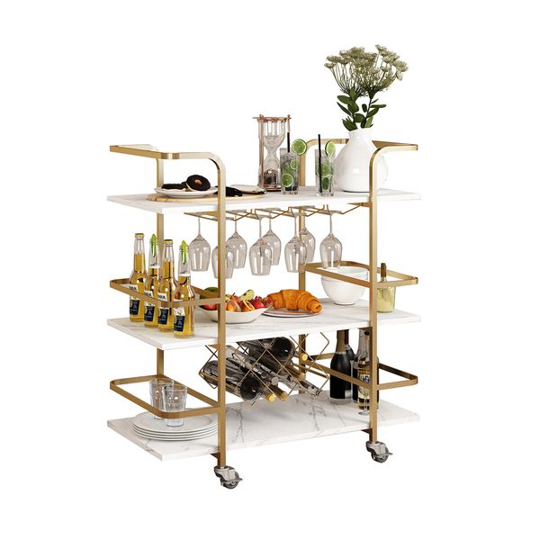 3-Tier Bar Cart Rolling Serving Drinks Tea Coffee Wine Rack Glass Holder Mobile Trolley Outdoor Kitchen Storage Shelves