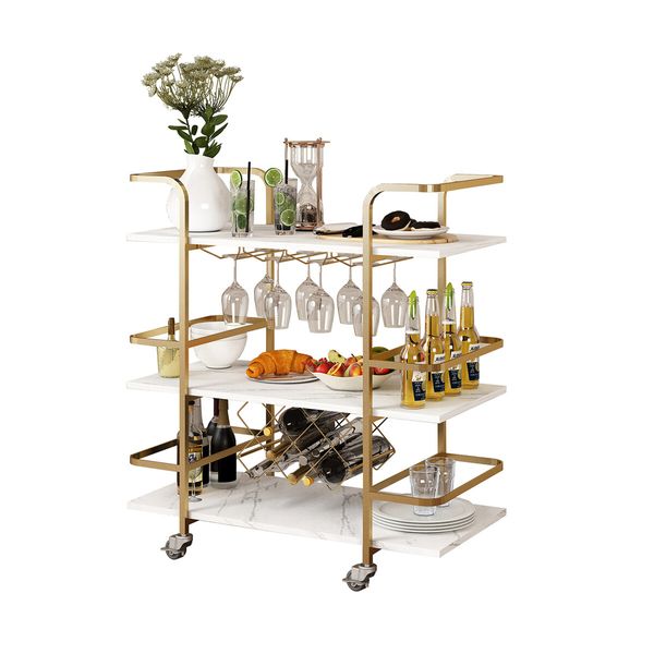 3-Tier Bar Cart Rolling Serving Drinks Tea Coffee Wine Rack Glass Holder Mobile Trolley Outdoor Kitchen Storage Shelves