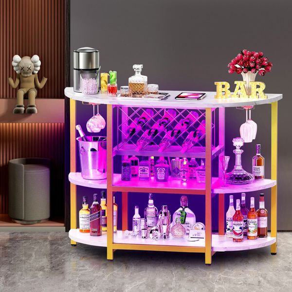 Coffee Bar Cabinet with LED Light Console Table Wine Rack Serving Drinks Liquor Glass Holder Baker Kitchen Shelves