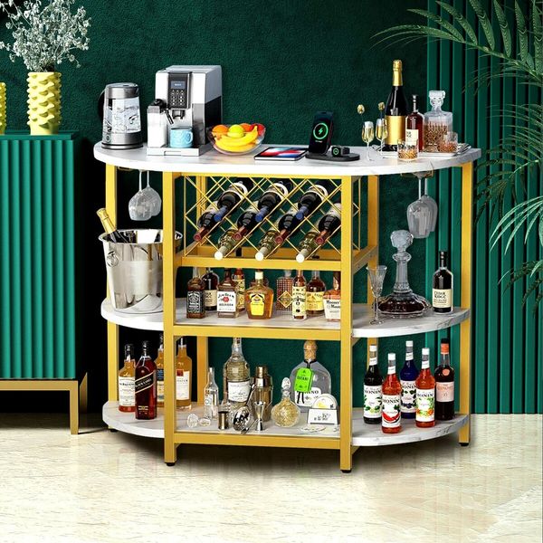 Coffee Bar Cabinet with LED Light Console Table Wine Rack Serving Drinks Liquor Glass Holder Baker Kitchen Shelves