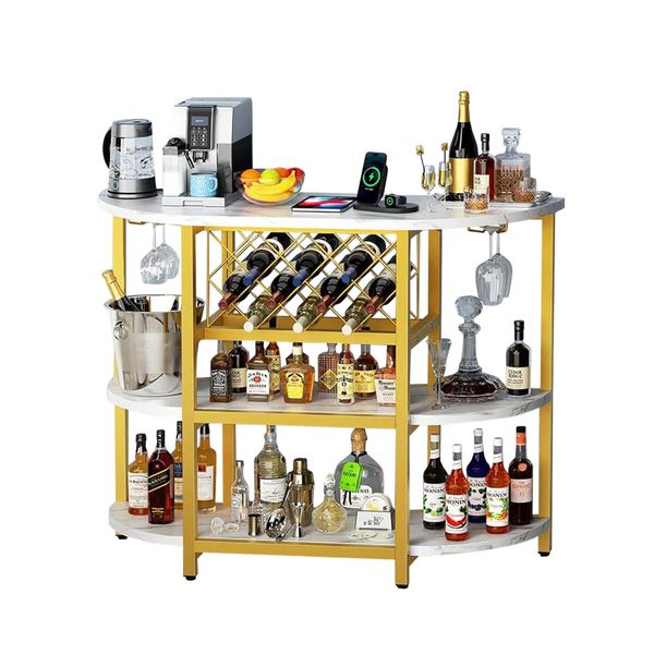 Coffee Bar Cabinet with LED Light Console Table Wine Rack Serving Drinks Liquor Glass Holder Baker Kitchen Shelves