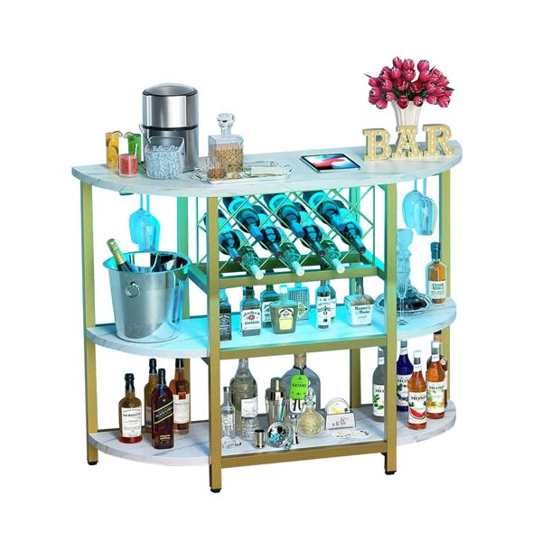 Coffee Bar Cabinet with LED Light Console Table Wine Rack Serving Drinks Liquor Glass Holder Baker Kitchen Shelves