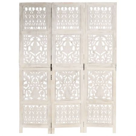 Hand Carved 3-Panel Room Divider White 120x165 cm Solid Mango Wood