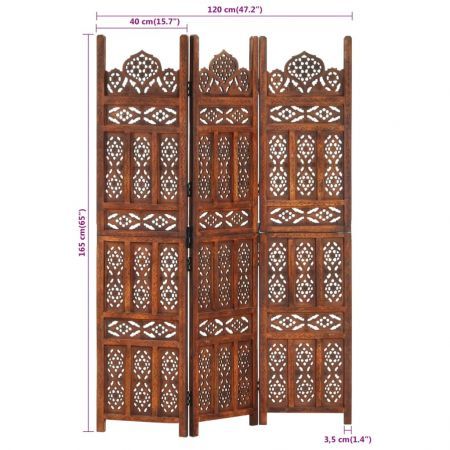 Hand Carved 3-Panel Room Divider Brown 120x165 cm Solid Mango Wood