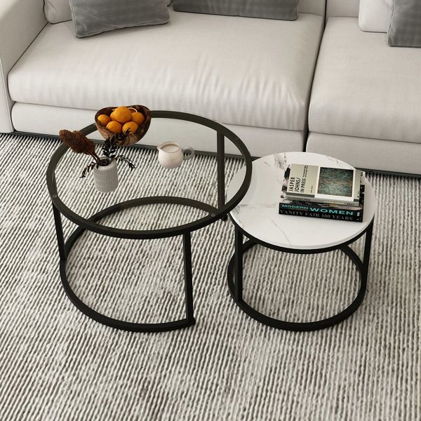 2 Round Coffee Table Set Nesting Bedside Sofa End Tea Nightstand Lounge Lamp Metal Modern Black White Faux Marble Glass Top