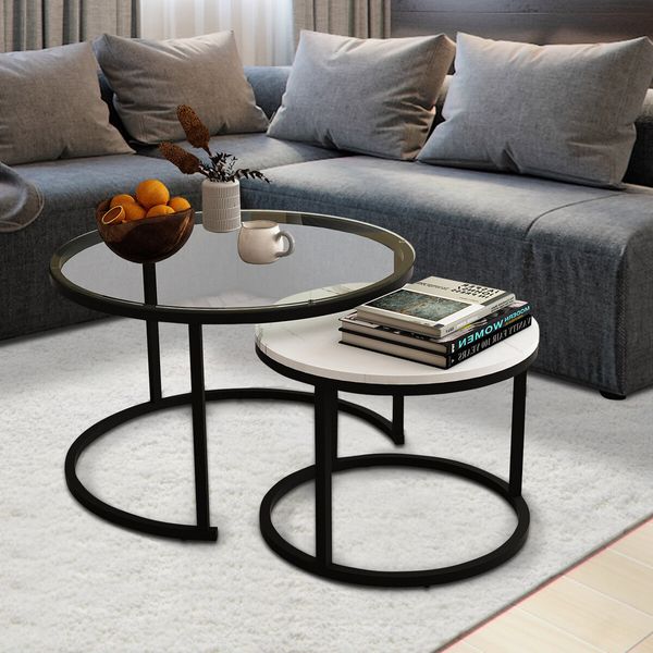 2 Round Coffee Table Set Nesting Bedside Sofa End Tea Nightstand Lounge Lamp Metal Modern Black White Faux Marble Glass Top