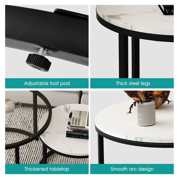 2 Round Coffee Table Set Nesting Bedside Sofa End Tea Nightstand Lounge Lamp Metal Modern Black White Faux Marble Glass Top