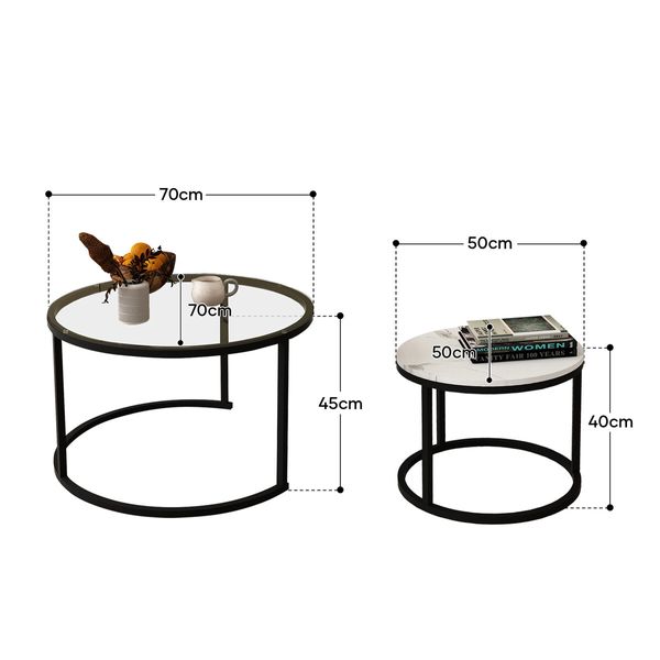 2 Round Coffee Table Set Nesting Bedside Sofa End Tea Nightstand Lounge Lamp Metal Modern Black White Faux Marble Glass Top