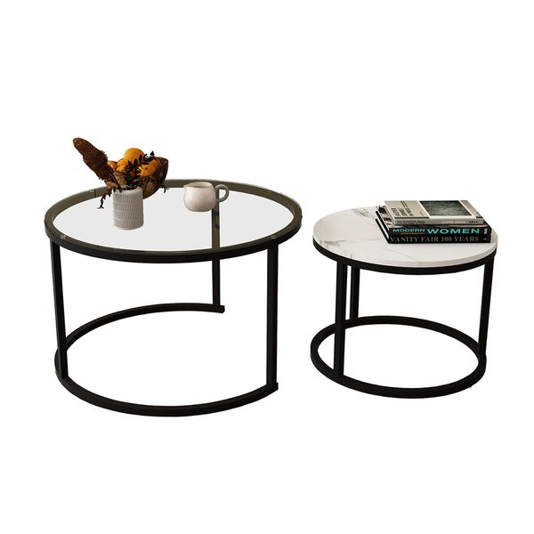 2 Round Coffee Table Set Nesting Bedside Sofa End Tea Nightstand Lounge Lamp Metal Modern Black White Faux Marble Glass Top