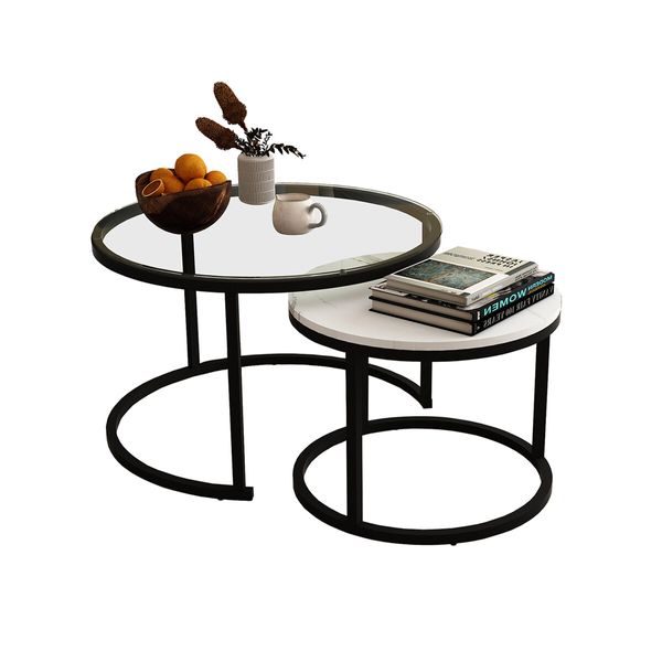 2 Round Coffee Table Set Nesting Bedside Sofa End Tea Nightstand Lounge Lamp Metal Modern Black White Faux Marble Glass Top